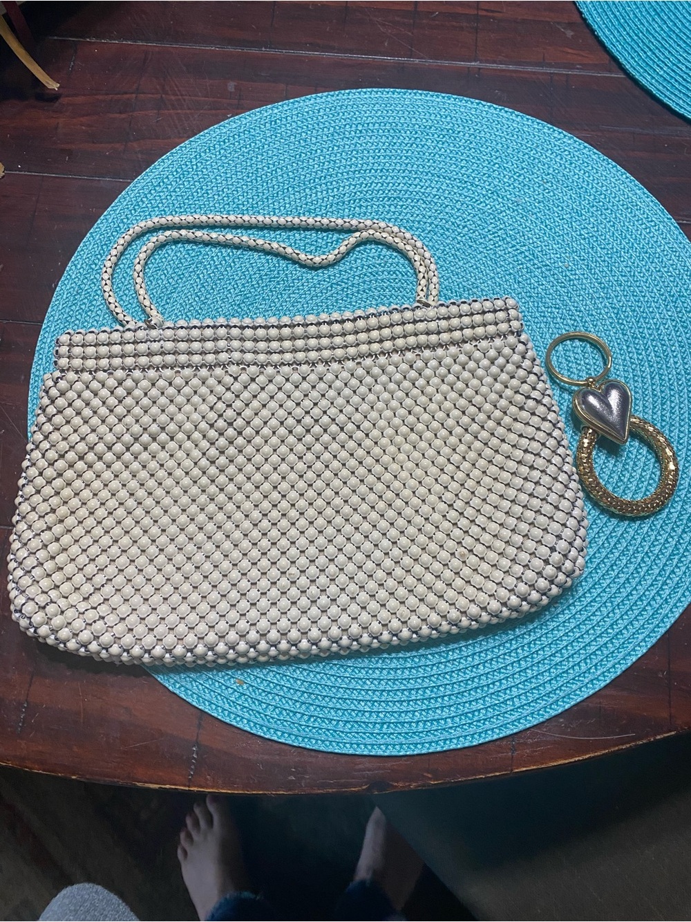 Whiting & Davis Cream Beaded Clutch with Heart Keyring